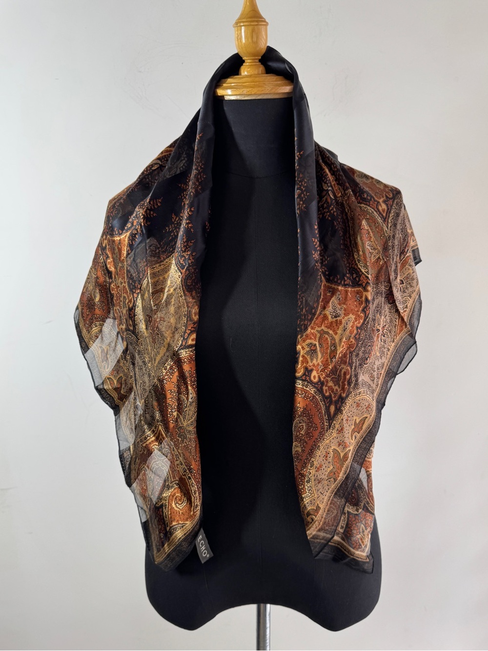 Vintage Echo Silk Paisley Scarf Brown Black Square Italy Luxury Wrap Shawl